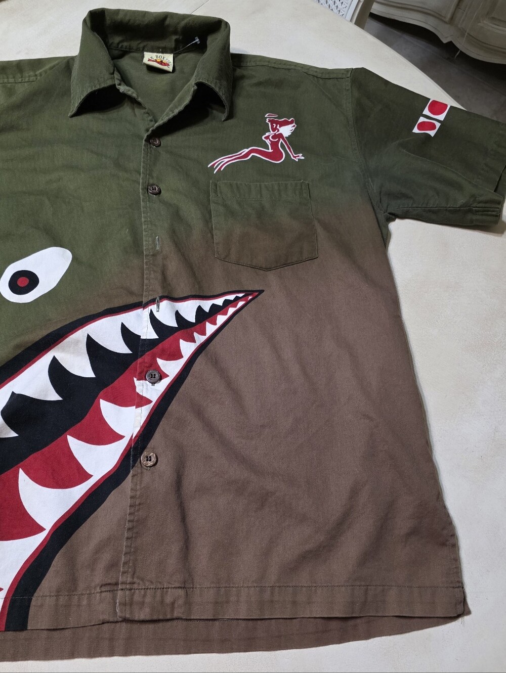 Max Boxxer Vintage Style Flying Tiger Shark Face Button Down Shirt Mens Size L - Picture 4 of 11